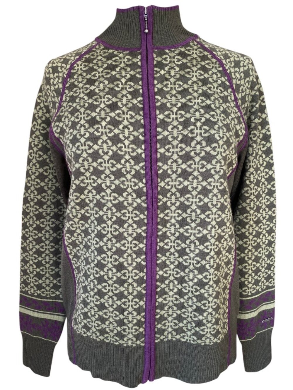 Cabela's Merino Wool Fair Isle Zip-Front Cardigan Olive Purple Après-Ski Cabin-L